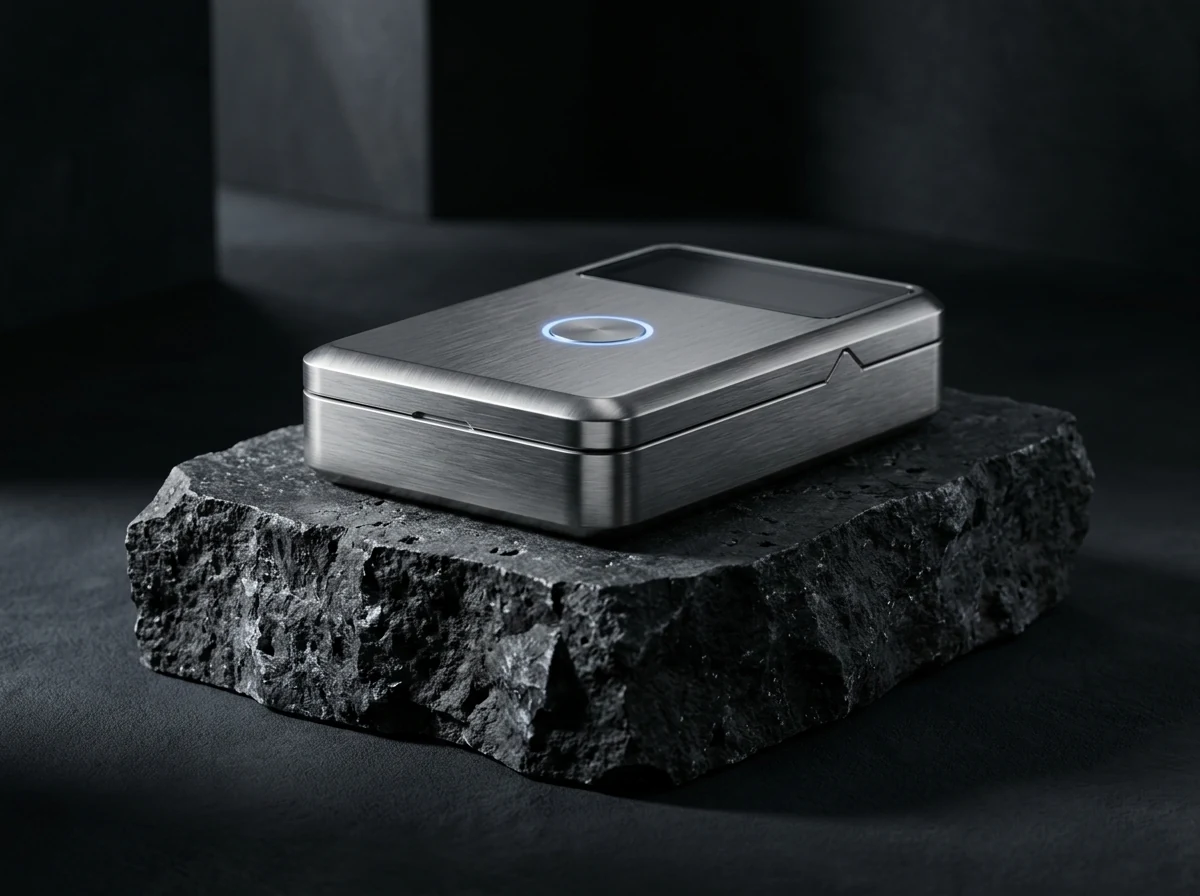 Titanium Smart Device on Volcanic Stone 3D Product Render