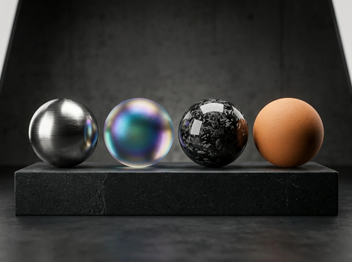 Material Shader Study - Titanium, Iridescent Glass, Carbon Fiber and Terracotta Ceramic